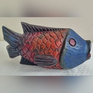 Hand Carved Rustic Wood Carving Fish Sculpture Red Blue 11 inch X 5 inch